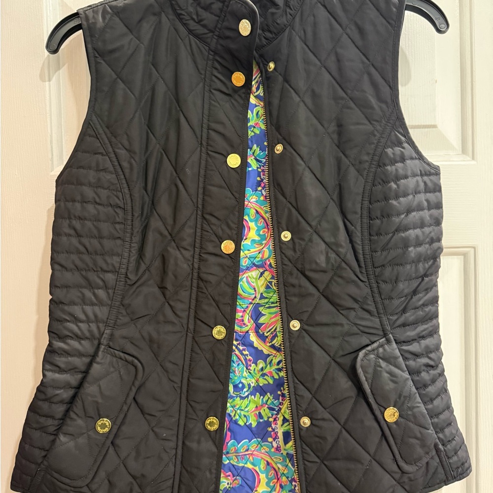 Lilly Pulitzer Black Quilted Vest with Gold Buttons
